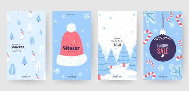Vector illustration of Colorful christmas banners with cute winter illustrations. Set of winter social media stories template. Background collection with place for text. Use for event invitation, promo, ad. Vector eps 10