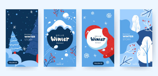 소셜 미디어 이야기에 대한 추상적 인 겨울 배경의 집합입니다. 떨어지는 눈송이, 눈 덮인 나무와 다채로운 겨울 배너. 겨울 장면 . 이벤트 초대, 할인 쿠폰, 광고에 사용합니다. 벡터 eps 10 - snowball stock illustrations