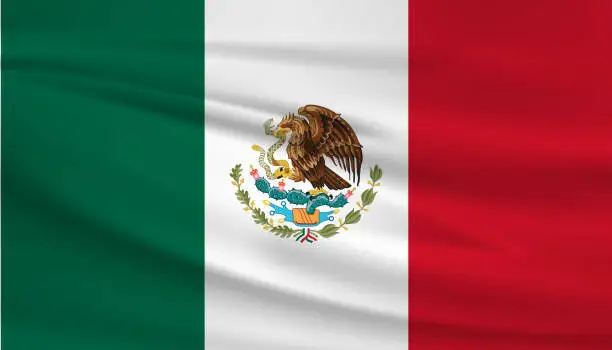 Vector illustration of Waving Mexico flag, official colors and ratio correct. Mexico national flag. Vector illustration.