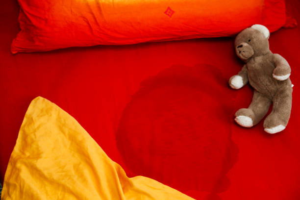 Child peeing on the bed stock photo