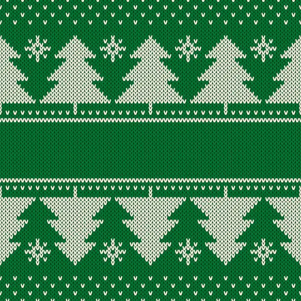 Vector illustration of Winter Holiday Knitted Pattern. Christmas Trees Ornament with a Place for Text. Vector Seamless Wool Knit Texture Imitation