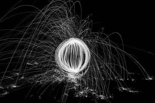 Golden Wire Wool Spinning in the Dark in Black and White