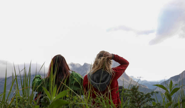 istock Young female hikers relax in grassy meadow 1187856535