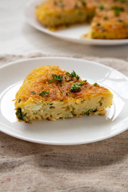 istock Homemade spaghetti omelette on a white plate, side view. Close-up. 1187857757