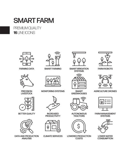 illustrazioni stock, clip art, cartoni animati e icone di tendenza di set semplice di icone di linee vettoriali correlate alla smart farm. insieme outline symbol. - field vertical agriculture crop