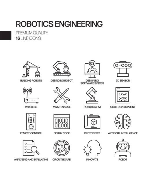 Simple Set of Robotics Engineering Related Vector Line Icons. Outline Symbol Collection. Simple Set of Robotics Engineering Related Vector Line Icons. Outline Symbol Collection. robotics stock illustrations
