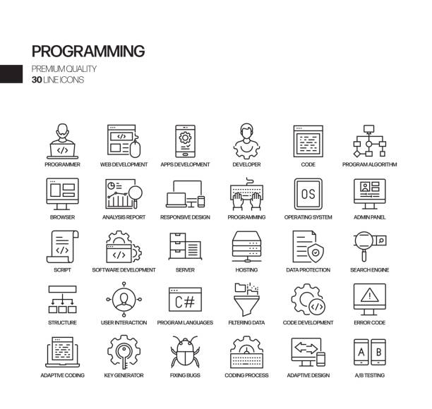 ilustraciones, imágenes clip art, dibujos animados e iconos de stock de conjunto simple de iconos de línea vectorial relacionados con la programación. colección de símbolos de esquema. - web designer