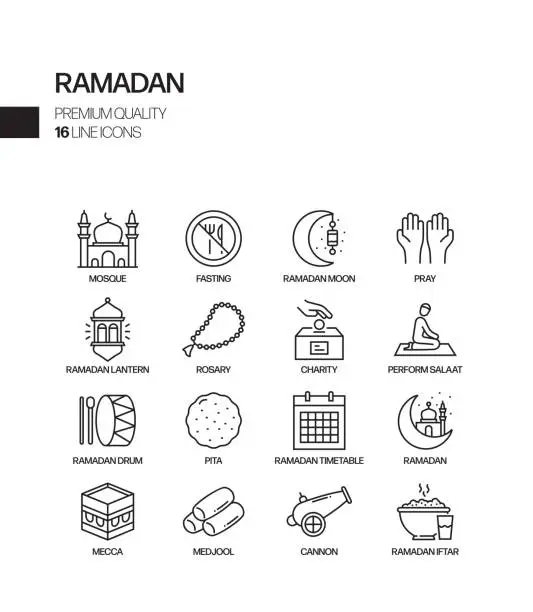 Vector illustration of Simple Set of Ramadan Kareem Related Vector Line Icons. Outline Symbol Collection.