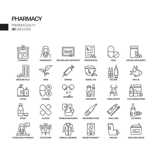 illustrazioni stock, clip art, cartoni animati e icone di tendenza di semplice set di icone di linee vettoriali correlate alla farmacia. insieme outline symbol. - pill bottle immagine