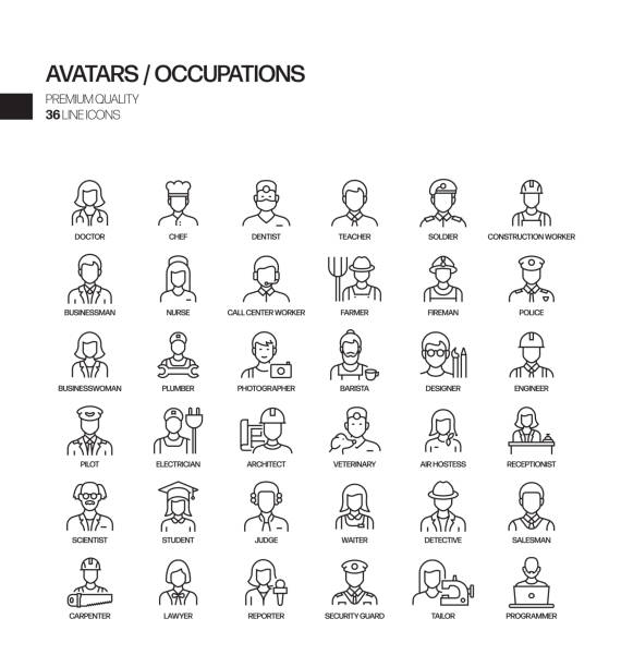 Simple Set of Occupations and Avatars Related Vector Line Icons. Outline Symbol Collection. Simple Set of Occupations and Avatars Related Vector Line Icons. Outline Symbol Collection. construction worker illustrations stock illustrations