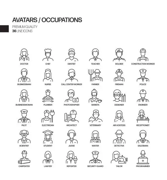 Vector illustration of Simple Set of Occupations and Avatars Related Vector Line Icons. Outline Symbol Collection.