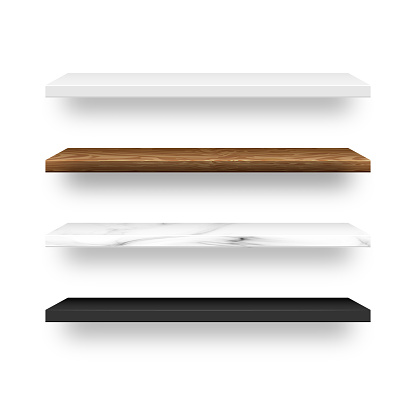 Set of empty wood, marble, white, black plastic shelf shelves. Vector illustration.