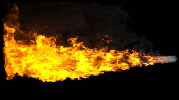 animated realistic streams of fire with black smoke similar to a shot from a flamethrower, exhaust from a rocket engine or the flame of a fire-breathing dragon. 3d rendering - flamethrower imagens e fotografias de stock