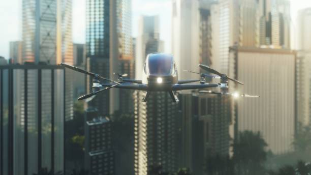 An unmanned passenger drone has flown in to pick up its passenger on a cloudy day. Unmanned air taxi. 3D Rendering An unmanned passenger drone has flown in to pick up its passenger on a cloudy day. Unmanned air taxi. tilt rotor stock pictures, royalty-free photos & images