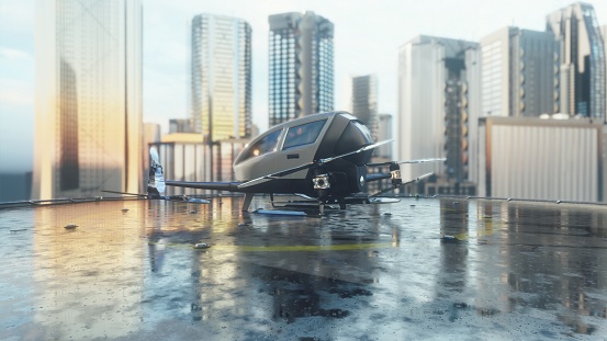 Pilotless passenger drone makes a departure for the call of the client. The concept of the future unmanned air taxi.