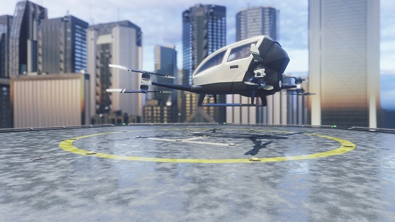 Pilotless passenger air taxi makes a departure for the call of the client. The concept of the future unmanned taxi.