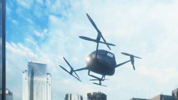 An unmanned passenger drone has flown in to pick up its passenger on a cloudy day. Unmanned air taxi. 3D Rendering An unmanned passenger drone has flown in to pick up its passenger on a cloudy day. Unmanned air taxi. tilt rotor stock pictures, royalty-free photos & images