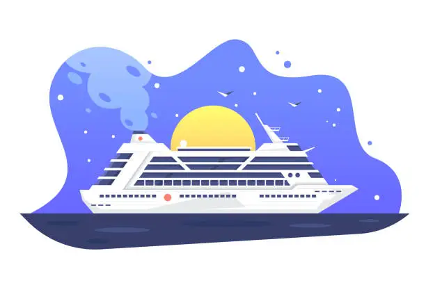 Vector illustration of Modern passenger cruise liner away tropical harbor