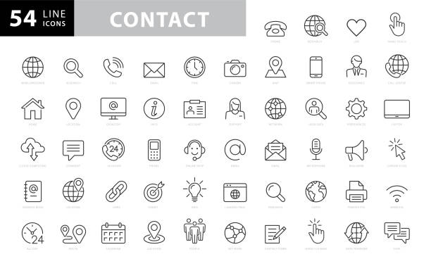 kontaktzeilensymbole. bearbeitbarer strich. pixel perfekt. für mobile und web. enthält symbole wie smartphone, messaging, e-mail, kalender, standort. bestandsabbildung - icons stock-grafiken, -clipart, -cartoons und -symbole