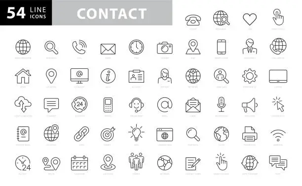 Vector illustration of Contact Line Icons. Editable Stroke. Pixel Perfect. For Mobile and Web. Contains such icons as Smartphone, Messaging, Email, Calendar, Location. stock illustration