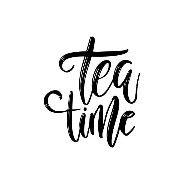 Tea time - hand drawn lettering phrase, isolated on the white background. Brush ink inscription for photo overlays, typography greeting card or t-shirt print, flyer, poster design. Tea time - hand drawn lettering phrase, isolated on the white background. Brush ink inscription for photo overlays, typography greeting card or t-shirt print, flyer, poster design tea set stock illustrations