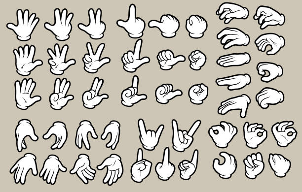 Cartoon white human hands in gloves gesture set Cartoon white human hands in gloves gesture set. Hands show signs. Different hand positions. Isolated on gray background. Vector icon set. cartoon stock illustrations