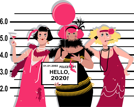 Three young women in flappers' outfits stand for a mug shot at the police station, holding Hello 2020  tablet, EPS 8 vector illustration