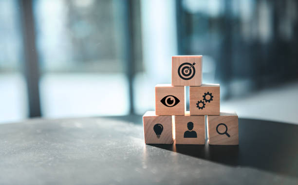 Wood block with icon business strategy and Action plan, copy space.
