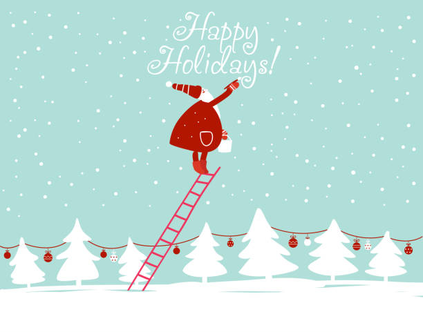 ilustrações de stock, clip art, desenhos animados e ícones de funny santa claus writing "happy holidays" with painting brush on the sky - prenda de natal ilustrações