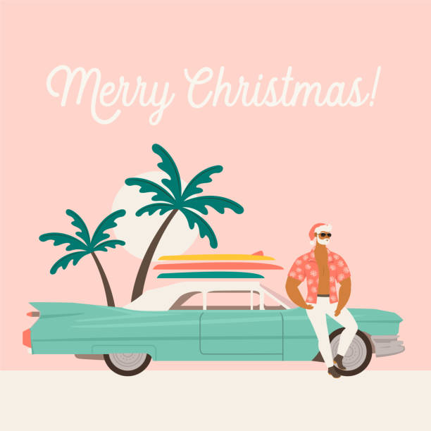 sommerferien urlaub mit santa claus und auto. flache vektor-illustration. - relaxation vacations heat sunglasses stock-grafiken, -clipart, -cartoons und -symbole