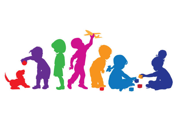 Children at Play Silhouettes of young children at play. kids classroomv stock illustrations