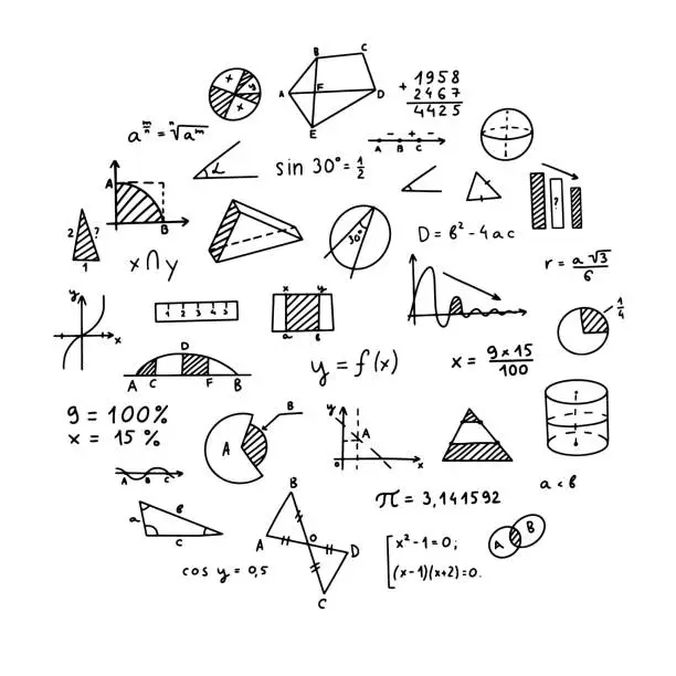 Vector illustration of Mathematics, geometry background. Formulas, shapes, and graphics. Big vector set of mathematical objects isolated on a white background. Hand drawn.