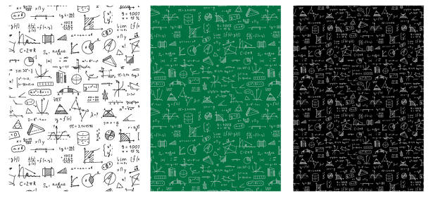 ilustraciones, imágenes clip art, dibujos animados e iconos de stock de matemáticas, fondo de geometría. fórmulas, formas y gráficos. gran conjunto vectorial de objetos matemáticos aislados sobre un fondo blanco. patrón sin costuras dibujado a mano. - mathematics mathematical symbol blackboard formula