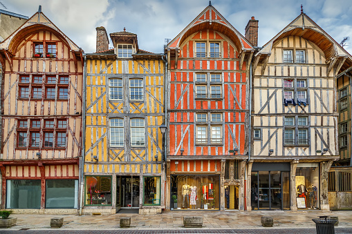 Strret with historical  half-timbered houses in Troyes downtown, France