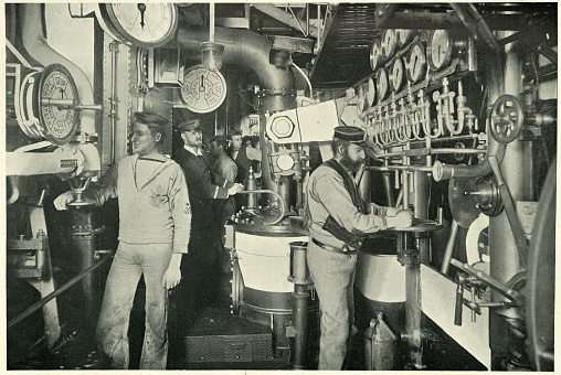 Vintage photograph of Crew in engine room HMS Resolution, Royal navy warship, 1890s