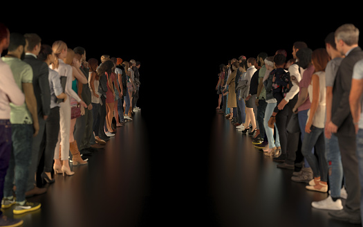 Many people lined up in a row forming a corridor. The crowd is waiting for some event, performance or fashion show. Empty track or podium on a black background. 3D rendering with copy space.