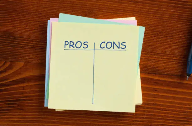 Pros and Cons written on note with pen aside. Business concept. Empty list