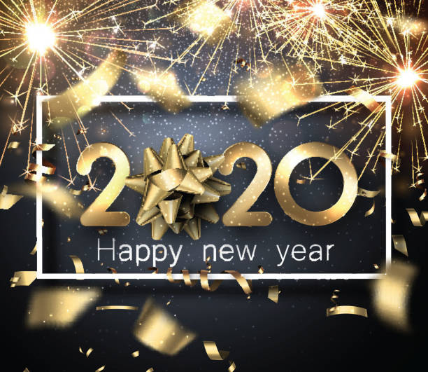 istock Happy New Year 2020 card with sparklers, bow and blurred golden confetti. 1187884521