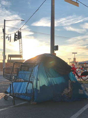 Seattle, USA - Mar 28, 2019: A tent on the waterfront late in the day.