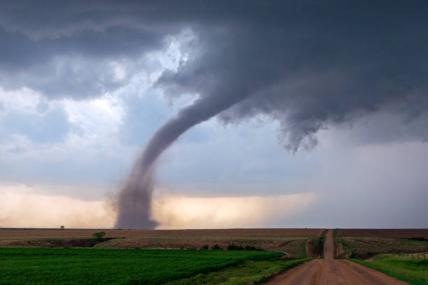 Tornado and supercell thunderstorm A tornado funnel spins beneath a supercell thunderstorm during a severe weather event near McCook, Nebraska. tornado stock pictures, royalty-free photos & images