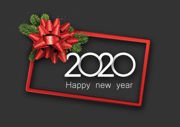 istock Grey shiny 2020 happy New Year background with red 3d frame and satin ribbon with beautiful bow. 1187885513