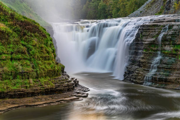 Upper Falls At Letchworth State Park In New York Upper Falls Up Close At Letchworth State Park In New York.  Slow Shutter Speed To Give The Water A Milky Look letchworth state park stock pictures, royalty-free photos & images