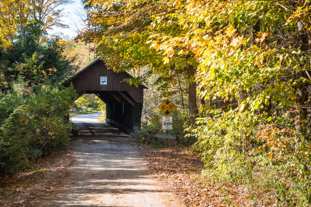 istock Historic covered bridge along an empty country road on a sunny fall day 1187889378