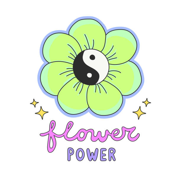 ilustrações de stock, clip art, desenhos animados e ícones de colorful flower power lettering with 60s hippie style ying-yang daisy flower - yingyang