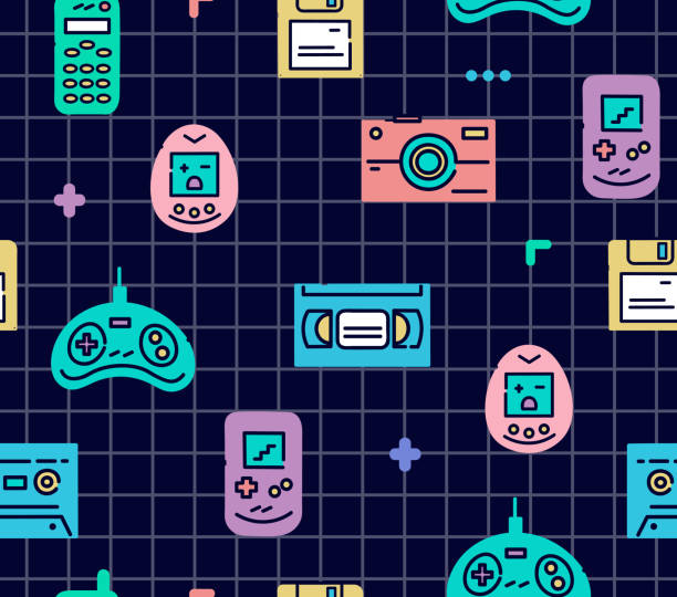 ilustrações, clipart, desenhos animados e ícones de gadgets dos anos 90 coloridos ícones de linha plana. padrão sem costura com joystick, fita de vídeo, telefone celular, jogos eletrônicos e outros. - jogo de vídeo de empilhar blocos