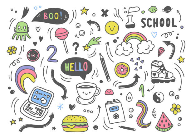 Set of colorful hand drawn doodle elements,arrows,stars,symbols,office or school objects and stationery.Funny colorful doodle background. Set of colorful hand drawn doodle elements,arrows,stars,symbols,office or school objects and stationery.Funny colorful doodle background.Vector clip art kid stickers stock illustrations