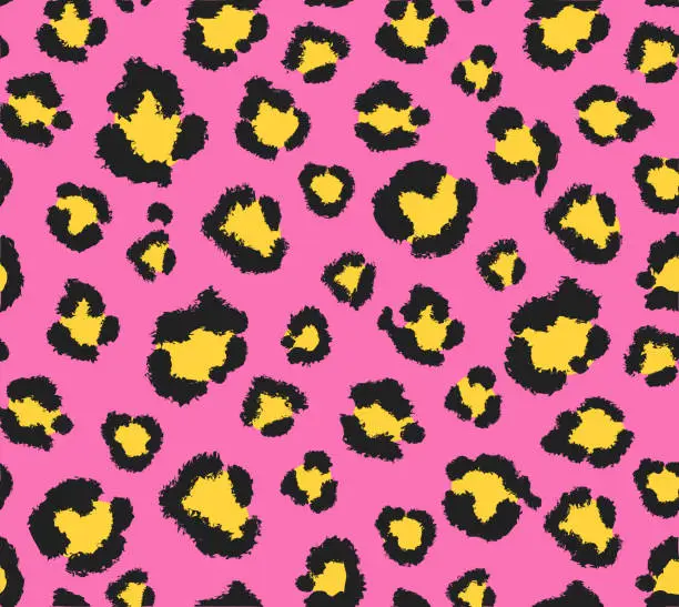 Vector illustration of Seamless pink and yellow leopard pattern 80s 90s style.Fashionable exotic animal print.Vector