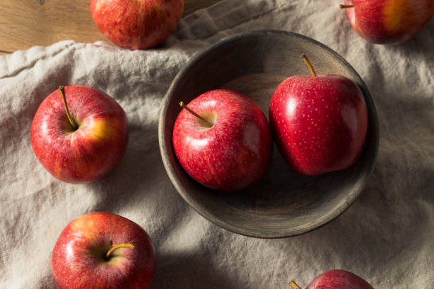 生の赤い有機ガラリンゴ - apple gala apple fuji apple fruit ストックフォトと画像