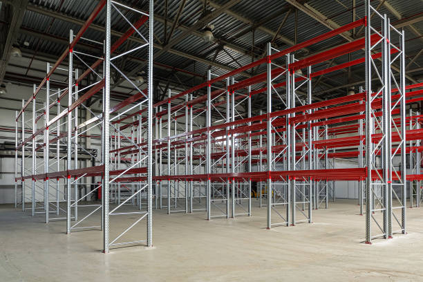 istock Empty multi-story shelving in industrial warehouse building. Rows of racks. 1187892124