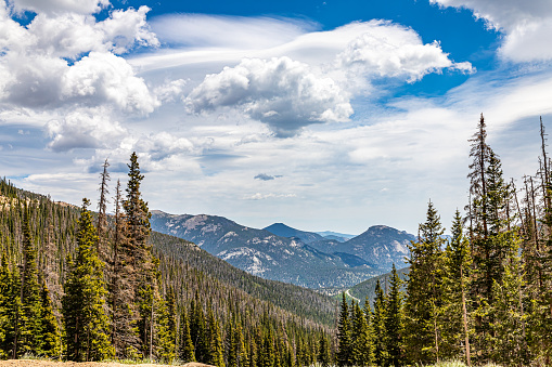 A panoramic view of Rocky Mountain National Park in Colorado from Trail Ridge Road.